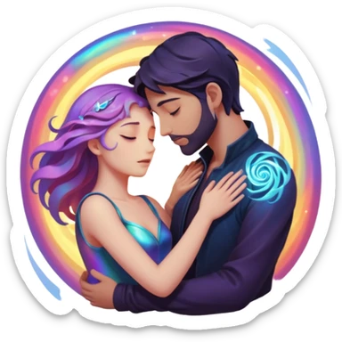 Two lovers surrounded by collapsing magic light, tragic dark fantasy romance sticker