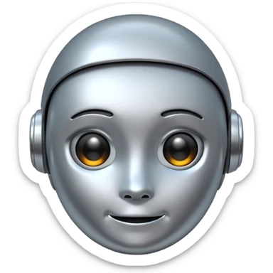 A cute futuristic robot emoji made of silver chrome, rounded friendly body, minimal facial features, glossy metallic surface, soft reflections, iOS emoji style, centered, clean white background sticker