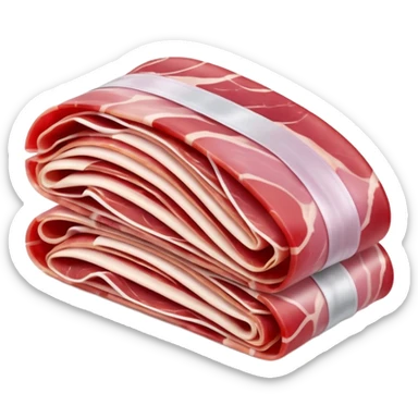 Parma ham, one or two thin folded slices, rich pink to red, white fat ribbons, silky, translucent, curled or rippled, smooth creamy fat, marbled, clean 3D, soft shadows, transparent background, emoji scale sticker