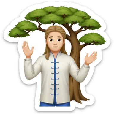 pratiquant de qi gong, homme aux cheveux long, en position de l'arbre, en tenue noire ou blanche sticker