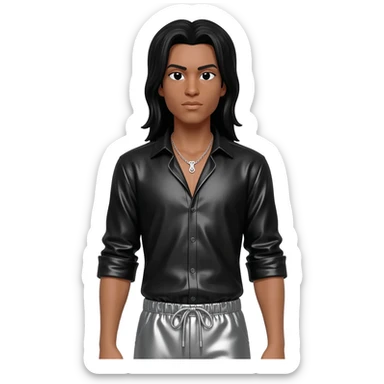 Bizzy Bone with long black hair, black metallic shirt, gray metallic harem pants, silver necklace sticker