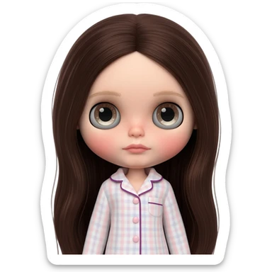 Make me an emoji that is wearing pajamas maker her a Blythe doll type emojiMake her hair longer Make her hair darker Make her hair a darker brown give her pale skin Maker more peach white pale sticker