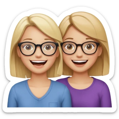 two girls laughing and having fun. one is blonde without glasses, another one is brown haired with glasses. they are supportive and cute sticker