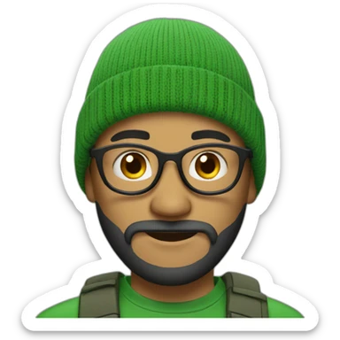 a man with beard, wearing green beanie and round glasses sticker