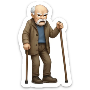 Old man leaning on a walking cane and holding his crancky back with his hand, grumpy face, detailed sticker