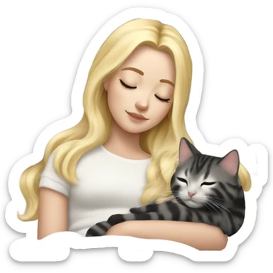 White girl blonde hair sleeping with kitty. kitty has black and white markings sticker