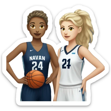 Basketball beautiful white female player from the back with navy blue jersey that has the number 24 holding a basketball on the side sticker