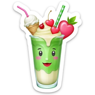 Cute emoji-style illustration of a green soda float with ice, vanilla ice cream scoop, two red cherries, pink heart-shaped straw, simple shapes, bright colors, glossy, kawaii style, centered, transparent background
 sticker