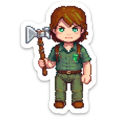 Minecraft character, pixel art style, blocky figure with brown hair and green shirt, holding a pickaxe sticker