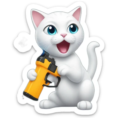 white cat shocked holding water gun sticker