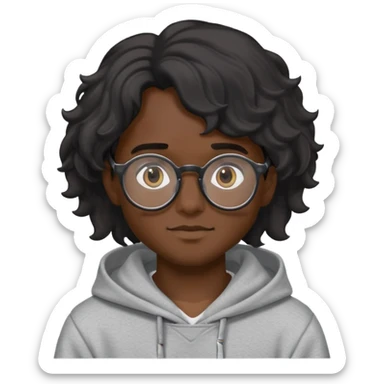 Um garoto de cabelo preto e médio e ondulado com um óculos preto redondo e um moletom cinza.  sticker