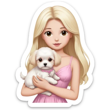 Blonde long hair brown eyes woman with white maltese puppy with pink dress sticker