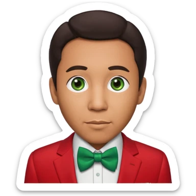 Smokey Robinson with dark brown hair, red suit with bow tie, green eyes sticker