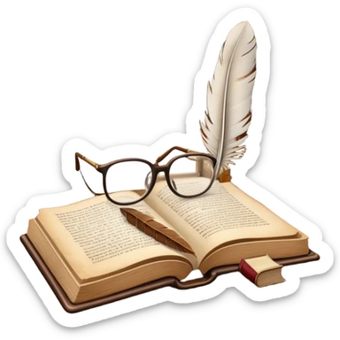 An icon featuring an open book with classic text, a feather quill, and reading glasses, symbolizing literary studies. The design includes old library shelves and vintage manuscripts in the background. Transparent background emphasizes the deep analysis of written works and literary history. sticker