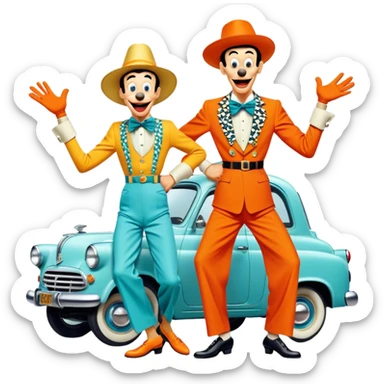 A vintage movie poster-style design with two goofy characters in outrageous outfits, showing exaggerated, silly expressions. Include elements like a goofy car, ridiculous props, and comical facial expressions. Retro comedic style with vibrant colors. Transparent background. sticker