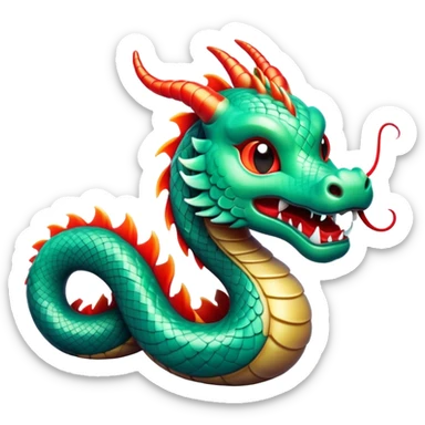Cinematic Cute Chinese Serpent Dragon Portrait Emoji, Head tilted playfully and inquisitively, showcasing a slender, flowing body with vibrant jade scales and soft vermilion accents intertwined with whimsical wisps of cloud and water details; rendered with realistic finesse and warm natural light, high shine, charming and spirited, styled with a touch of mythic whimsy, soft glowing outline, capturing the essence of a mischievous yet endearing celestial dragon poised to weave magic into your dreams! sticker