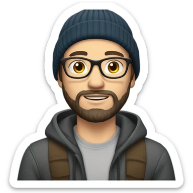 young dark-haired white man with a beanie, glasses and beard sticker