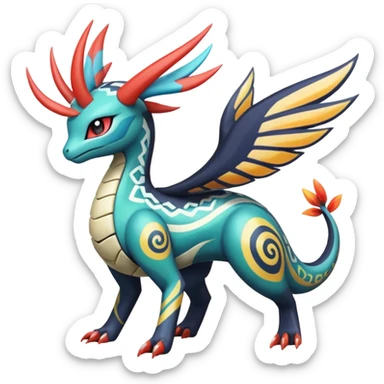 zig-zag-patterned tribal tropical hot swirl-marked Meloetta-Dialga-Salamence-Giratina-Noivern-Pokémon-Fakémon-fusion-hybrid-creature sticker