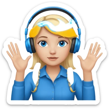 girl with blonde hair and blue eys with heands telling what, having heaphones on head sticker