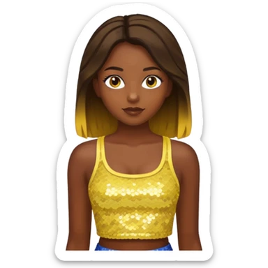 Sasha from Bratz with long light dark brown hair, dark skin, hazel eyes, yellow sequin crop top sticker