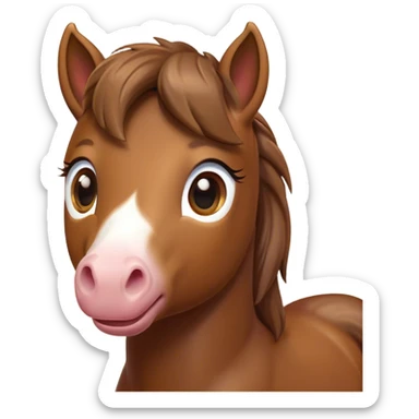 Cinematic Cute Brown Welsh Pony Portrait Emoji, Head tilted playfully and inquisitively, featuring a compact, charming form with a glossy, deep brown color, round, sparkling eyes full of gentle mischief, and a sweet, soft muzzle, Simplified yet irresistibly adorable features, highly detailed, glowing with a warm, inviting glow, high shine, affectionate and lively, stylized with a touch of rustic whimsy, soft glowing outline, capturing the essence of a mischievous yet endearing brown Welsh pony that seems as if it could prance out of the screen into your arms! sticker