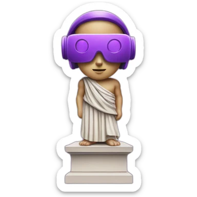 an EMOJI OF A ancient young greek statue, wearing VR headset, purple colors, DIGITAL UNIVERSE sticker