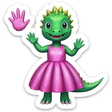 dino in a pink sparkly dress, waving sticker