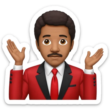 Richard Pryor with dark brown hair, red suit jacket, black suit shirt with red tie sticker