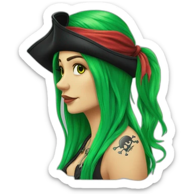 Woman long green hair hanging to one side in a platt, tattoo on side of head.  pirate hat. skull and crossbones t shirt sticker