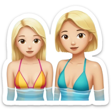 Blonde girl wearing a bathing suit and an Asian girl wearing a bathing suit on the pool side, watching the view tanning sticker