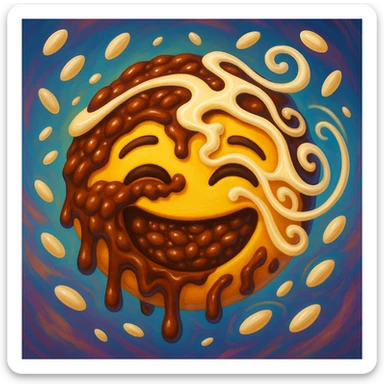 surreal emoji of champorado with dreamlike elements, melting chocolate rice porridge, floating rice grains, whimsical swirls of condensed milk, vibrant colors, playful and imaginative expression sticker