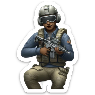 A call of duty operative holding a gamepad and sitting on a bottle sticker