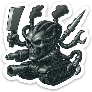 Edit the skull robot tank to have 4 distinct arms, each hand holding a different weapon: a large industrial blade, a blaster, a menacing syringe, and a claw. All exterior metal should be shiny silver grey, inside cables and tech almost black. Smoke from the top is dark shaded smoke. Keep everything else as is, with clean outline, compact proportions, and transparent background in retro stickers style. sticker
