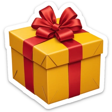 box with yellow wrapping paper and a length of red ribbon surrounding it on the ground so you can see most of the box's cardboard sticker