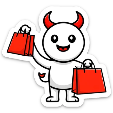 Devil character with shopping bags, excited about shopping sticker