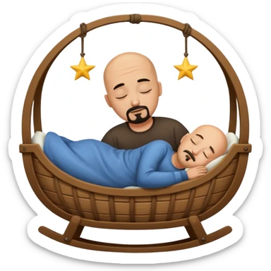 a bald, tan man who has a black goatee sleeping in a cradle sticker