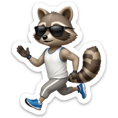 friendly anthropomorphised raccoon in sports wear, wearing dark sunglasses, jogging upright, mafia style sticker