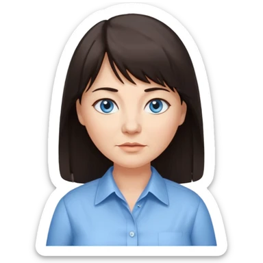 50 yr old woman, blue eyes, long straight dark brown hair, business shirt, chubby, bangs sticker
