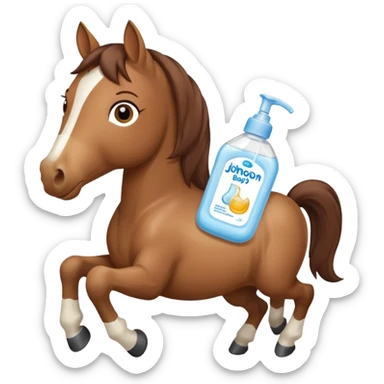 A cartoon horse holding johnson baby oil soltion  sticker