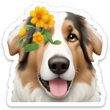 Black white and brown Austrian Shepherd smelling a flower sticker