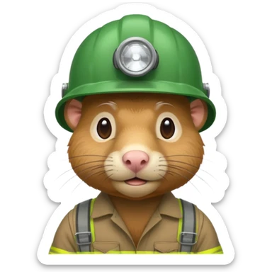 a mole rat, green helmet, headlamp, worker cloth sticker