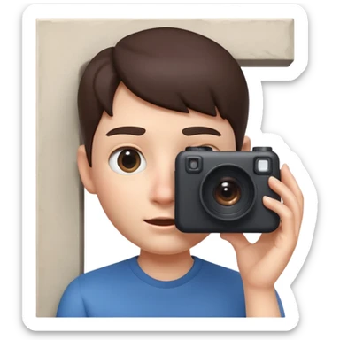 Apple Memoji style, person peeking from behind a wall, 
holding a camera, sneaky expression, one eye visible, 
smooth 3D render, soft gradients, white background, square format
 sticker