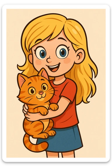a blonde girl with blue eyes holding an orange tabby cat, cartoon style sticker