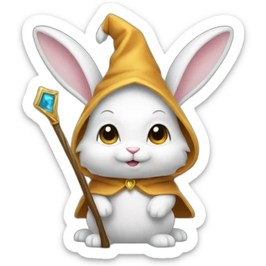 White wizard bunny with big ears, cloak, staff and hat sticker