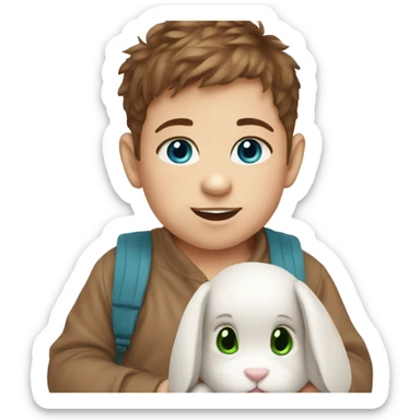 Cute baby with brown hair and blue/green eyes and a rabbit teddy sticker