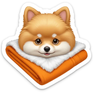 white and orange Pomeranian on top of a folded white fluffy blanket sticker
