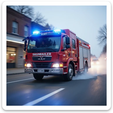 realistic fire truck with blue flashing light driving to an emergency, dynamic, red color, action scene, realistic movement sticker