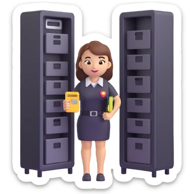 security engineer emoji, female, holding a keycard, standing by a server rack sticker