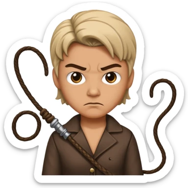 person with a mean scoul and a whip sticker