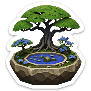 Alien saucer jungle-vines mountain-island landscape antique mudman very old broken cracked intricate Stone Age lapis-crusted irregular dodecagon-shaped shallow dark moss rough bark blue serissa flowered maple tree bonsai pot sticker